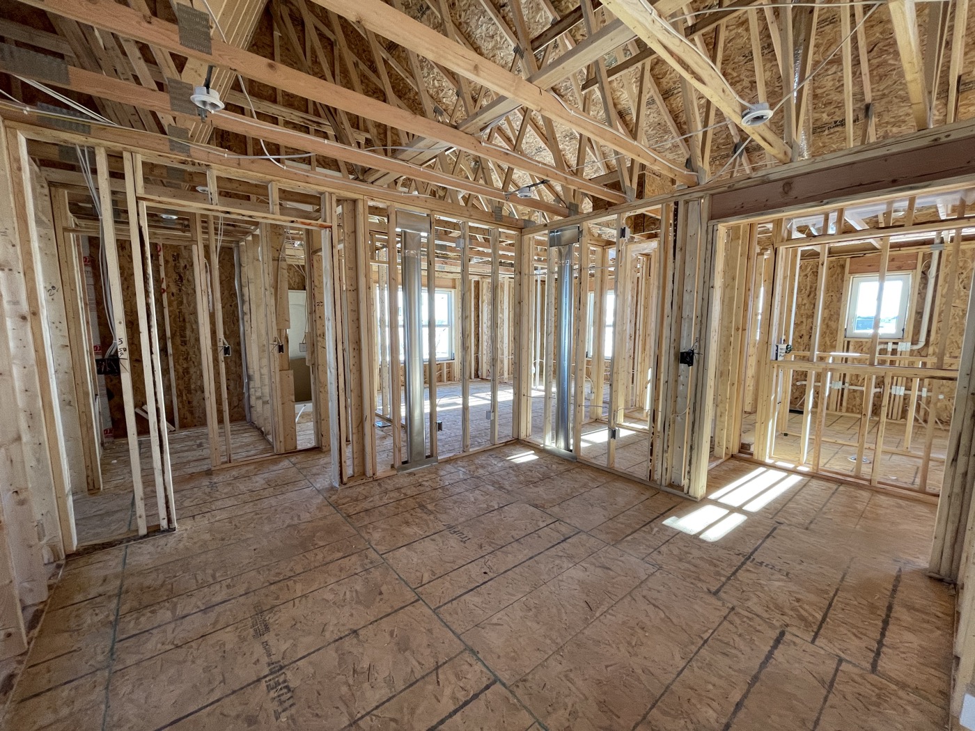 Interior wall framing, door openings and roof trusses before finishes