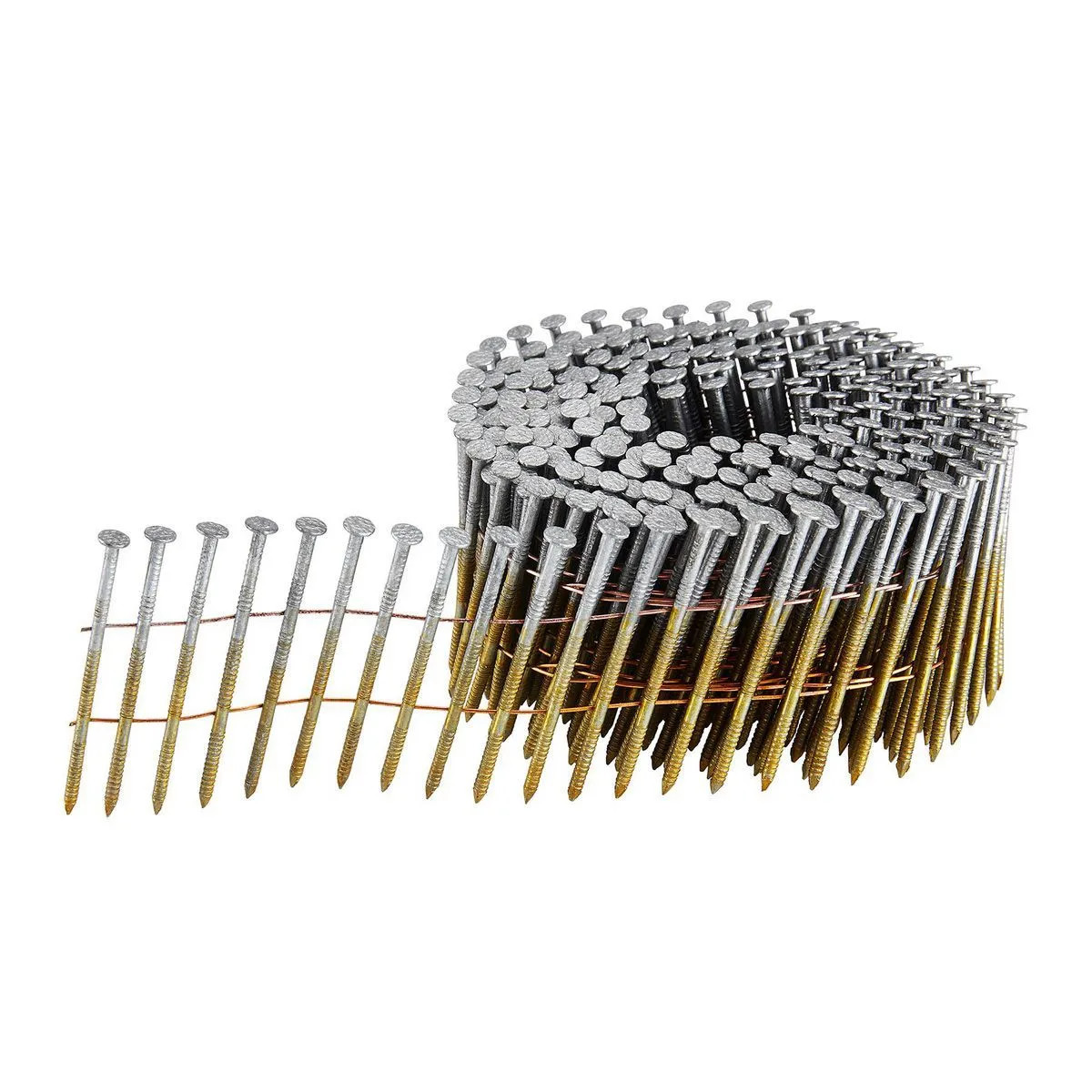 A wire-collated coil of ringed-shank nails