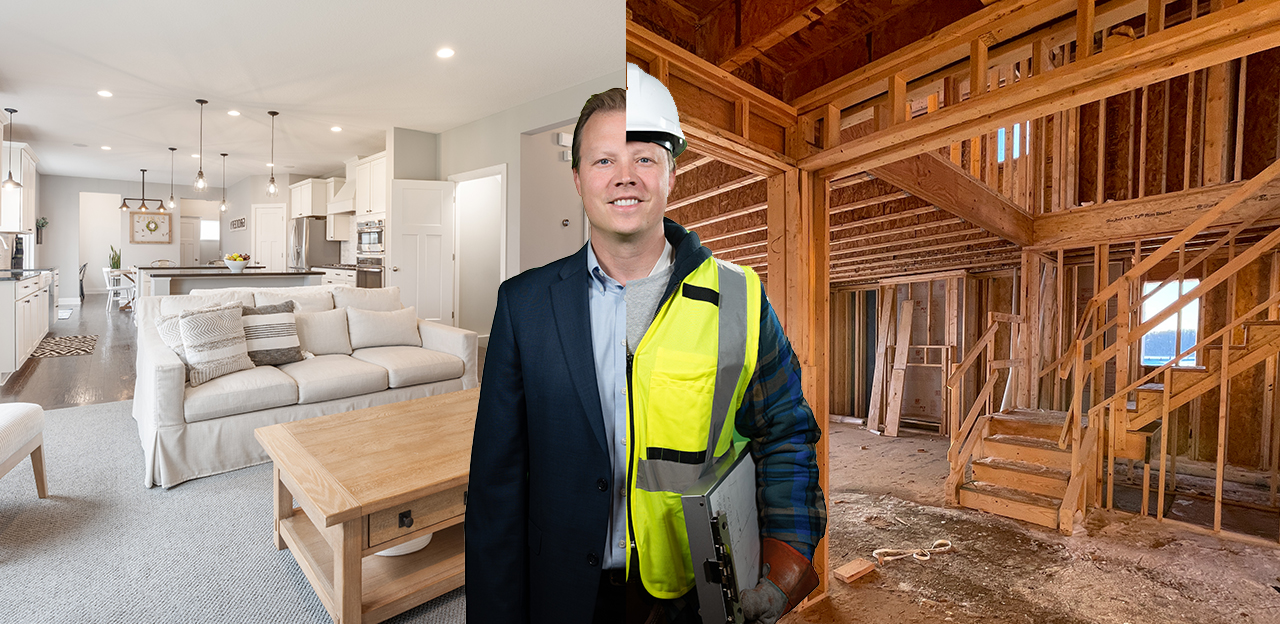 David Olson in a composite portrait: suit and finished interior on the left, hard hat, safety vest and timber framing on the right.