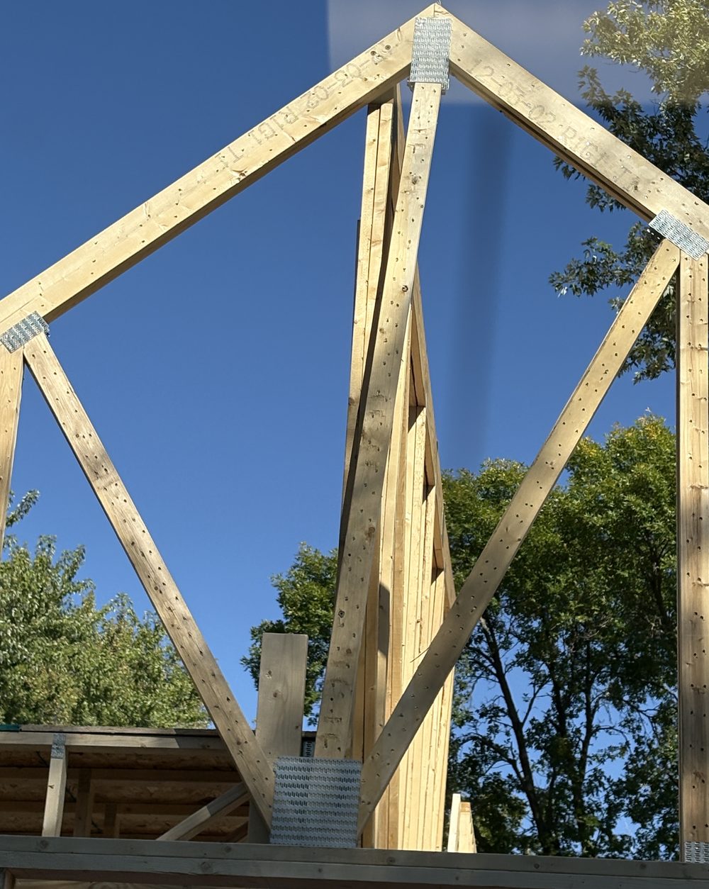 Wood truss members joined by metal connector plates.