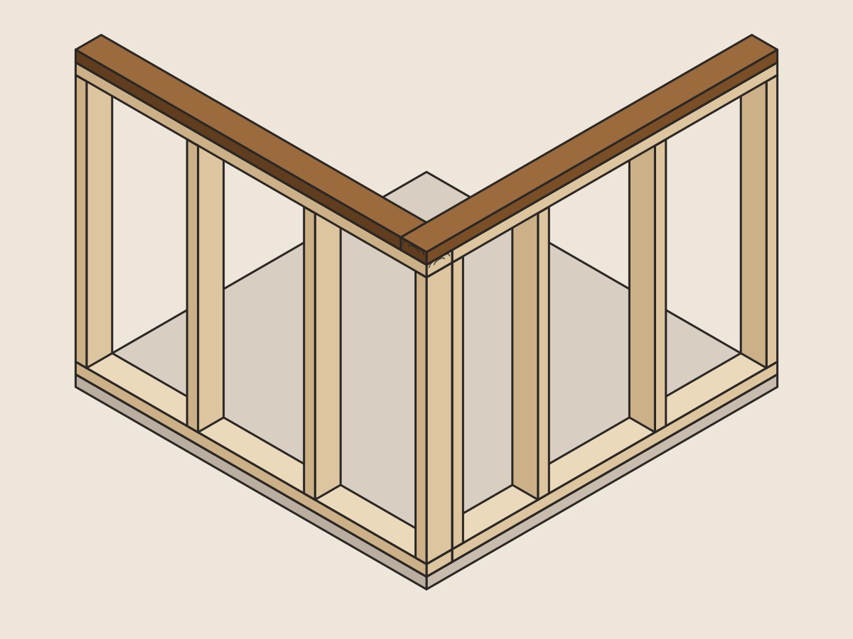 Illustration of two stacked top plates joining framed walls at a corner.