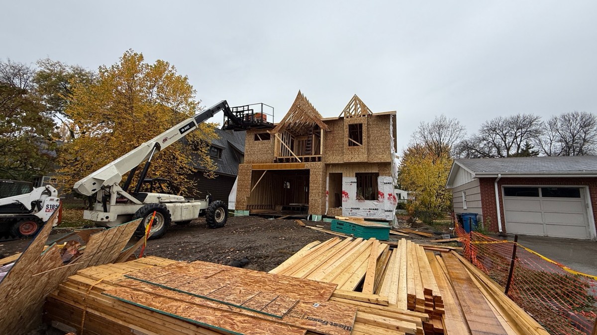 Wall sheathing and roof framing underway.